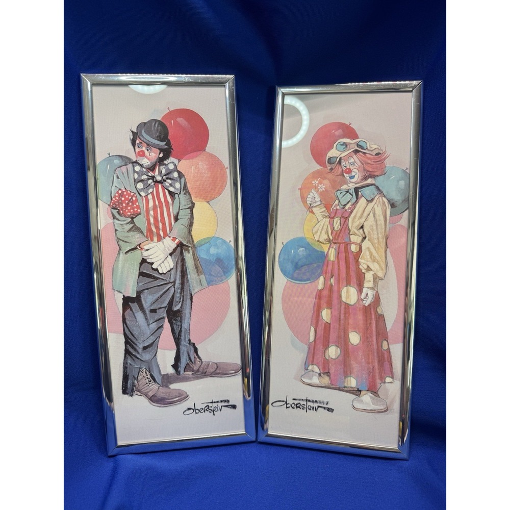 Chuck Oberstein Vtg 1970s Balloons Clowns Male Female Painting Print Framed Pair